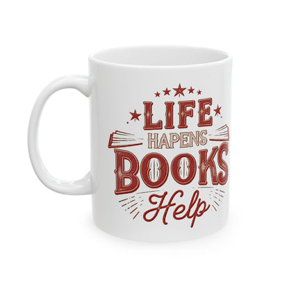 “Life Happens, Books Help” – Vintage Book Lover Mug