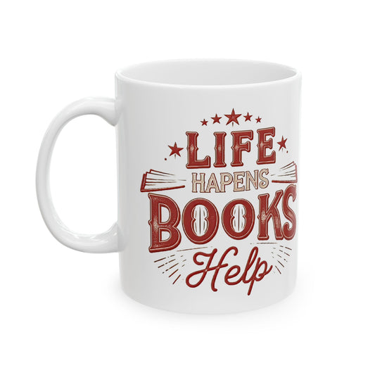 “Life Happens, Books Help” – Vintage Book Lover Mug