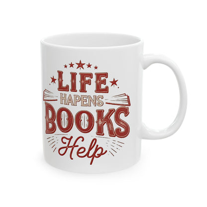 “Life Happens, Books Help” – Vintage Book Lover Mug